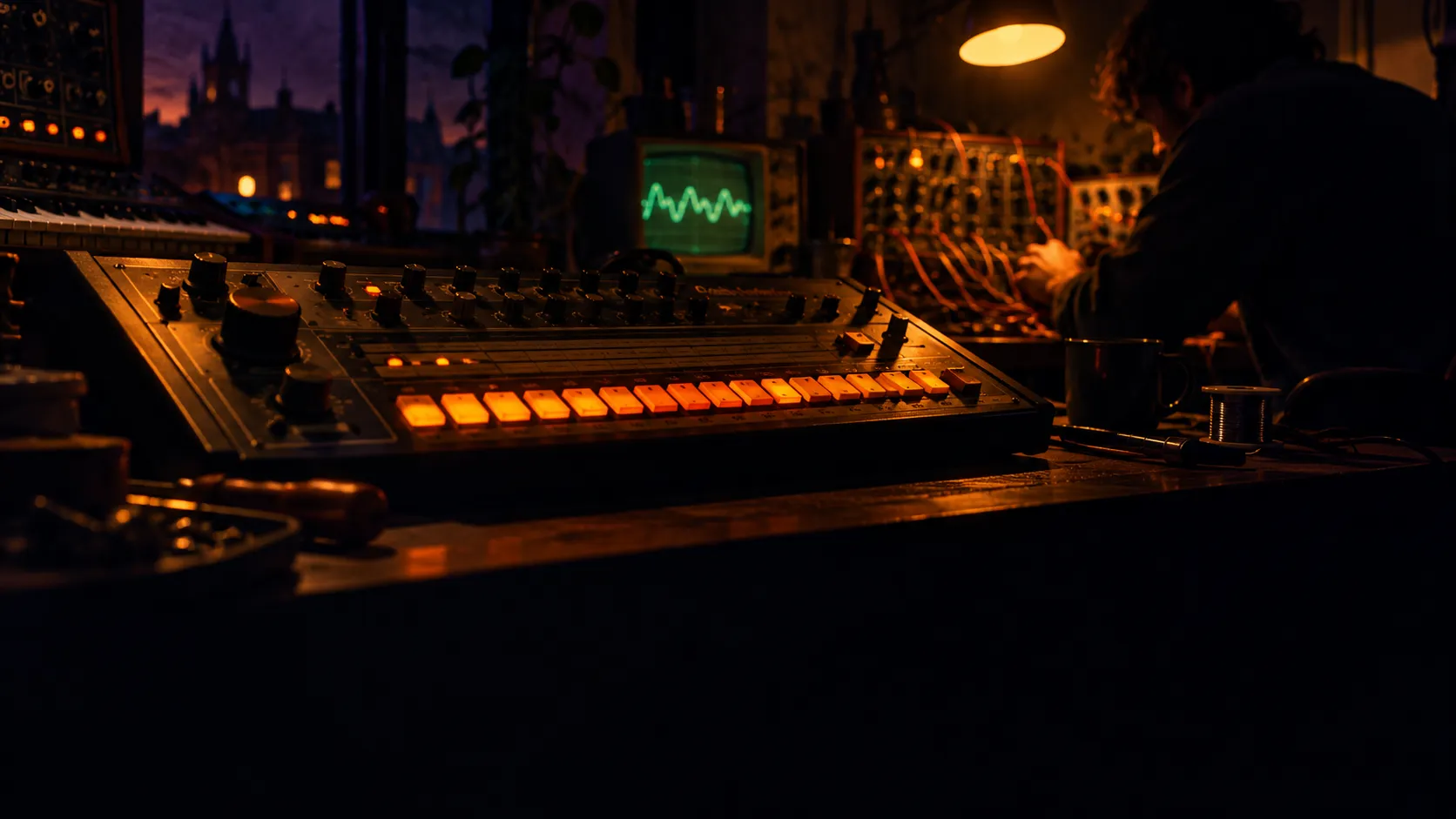 A vintage drum machine with orange step buttons